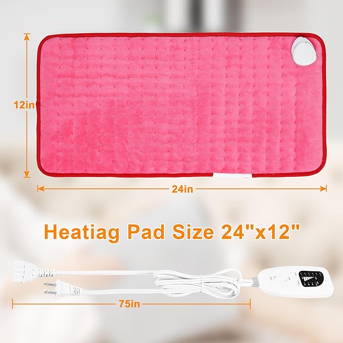Deepsoon Heating Pad,Electric Heating Pads for Back,Neck,Abdomen,Moist Heating Pad for Shoulder,Knee,Arms,Legs,Dry/Moist Heat & Auto Shut Off,Christmas Gifts for Men and Women,Fuchsia,24x12 Inch