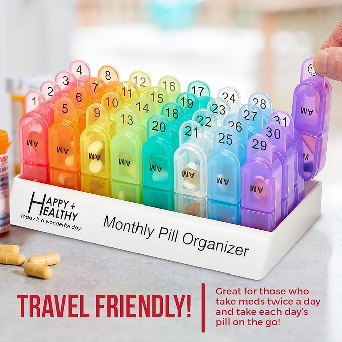 Monthly Pill Organizer 2 Times a Day - 30 Day AM/PM Pill Box with Removable Daily Compartments & Storage Tray, Large Capacity 1-Month Medicine Organizer Case for Vitamins & Supplements, BPA-Free