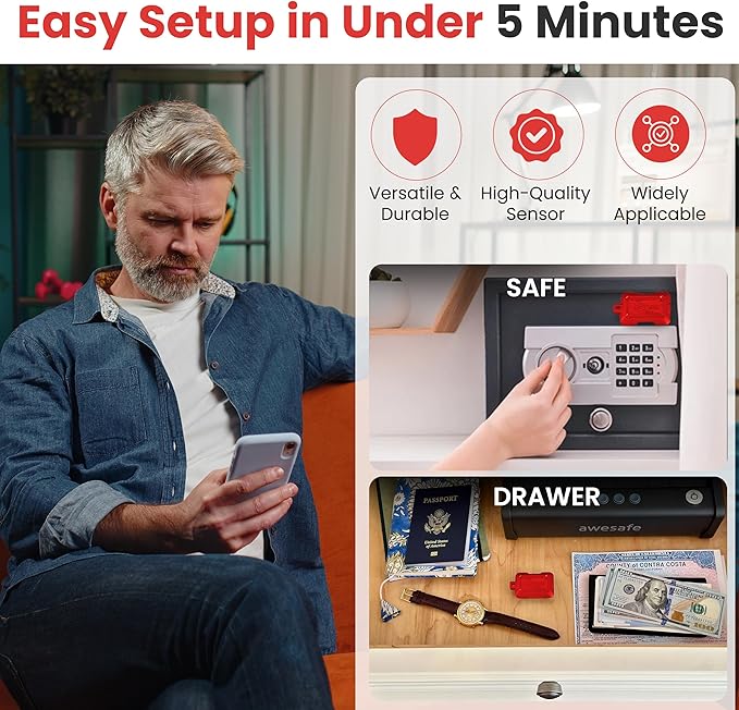 Instant Kini Safe Alert Wi-Fi Motion Sensor Alarm - Real-time SMS, Email, IFTTT - Great for Gun Safes, Cabinets, Office - Easy Install, No Subscription, Long Lasting Rechargeable Battery, USA-Made