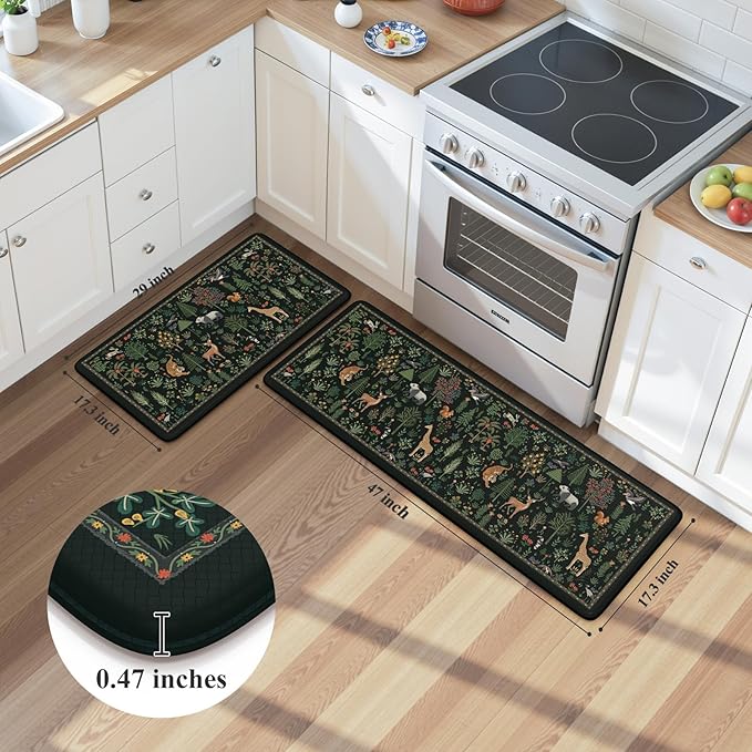 KIMODE Comfort Kitchen Mats for Floor Cushioned Anti Fatigue,Farmhouse Animal Forest Kitchen Rugs Sets of 2 Non Slip,Memory Foam Kitchen Standing Mat Laundry Sink Office Home,Black