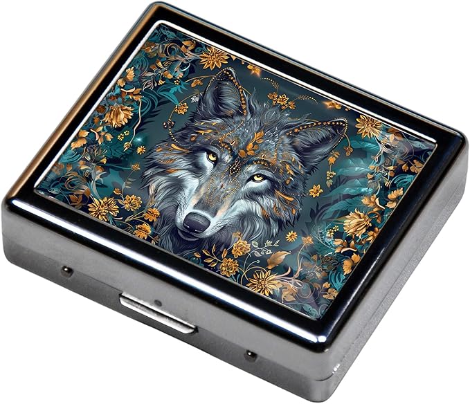 7 Day Travel Pill Organizer with Mirror Shiny Silver Chromed 8 Compartment Pill Box for Vitamins and Medications Compact and Stylish Medicine Case (The Wolf)