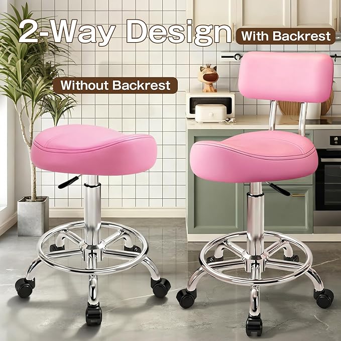 Saddle Stool, Adjustable Height Ergonomic Swivel Chair with Wheels, PU Leather Saddle Seat with Ring Pedal for Salon, Massage, Clinic, Lab, and Office