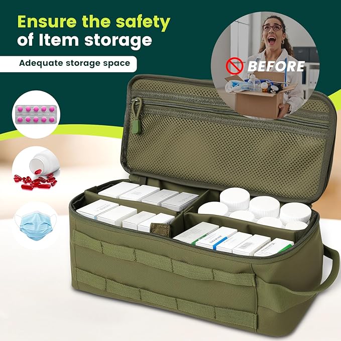 First Aid Bag Empty,Travel Bag Empty Pill Box Organizer, Portable Travel Pill Bottle Organizer for Home Outdoor Emergency Traveling(Military green,13.78 x 5.91 x 4.72 in)