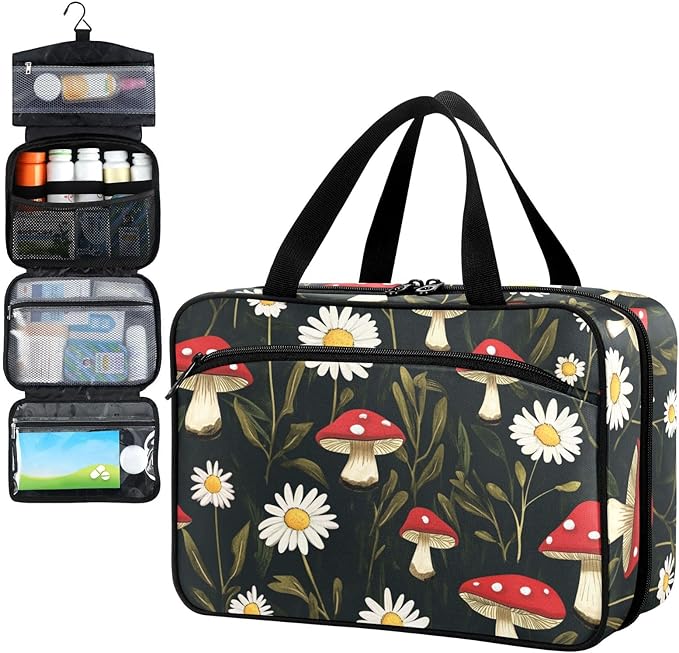 Fustylead Watercolor Amanita Mushrooms and Daisy Travel Pill Bottle Organizer Large Home Storage Medication Bag with Zipper for Vitamins, First Aid, Fish Oil, Medical Supplies