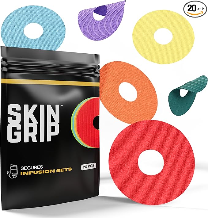 Skin Grip Universal Adhesive Patches for CGM and Insulin Pumps with Cutout (20-Pack), 0.8-Inch Hole, Waterproof & Sweatproof for 10-14 Days, Glucose Monitor Patch, Diabetic Sensor Cover, Multi Color