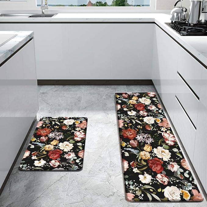 Bulijojo Black Flowers Anti Fatigue Kitchen Floor Mats Set of 2 Waterproof Kitchen Sink Runner Rug Standing Mat Cushioned Kitchen Rugs Comfort Doormat 17"x47"+17" x30“