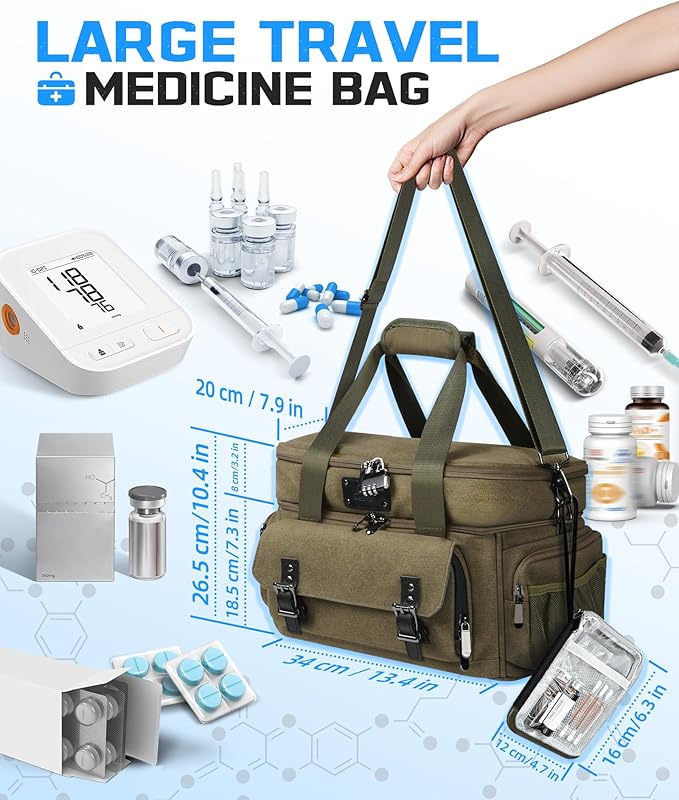 ARCFOX Medicine Storage Bag with Lock, Vintage Canvas Large Pill Bottle Organizer for Men, Double Layers Medication Storage with Portable Travel Pouch Shoulder Strap Handles, Army Green