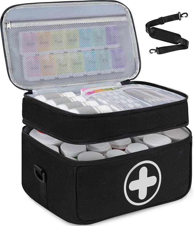 Medicine Organizer Bag, 2 Layer Pill Bottle Organizer Storage Bag Empty, Lockable Medicine Travel Bag with Adjustable Divider, Suitable for Pills, Vitamins, Fish Oil,Medical Supplies