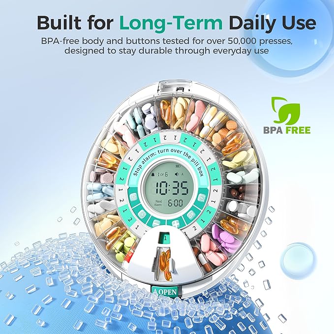Betife Automatic Pill Dispenser,28-Day Smart Bluetooth Pill Box, App Support Automatic Pill Case with 6 Alarms & Light Reminder, Monthly Timer Dispenser,Electronic Medication Management for Seniors