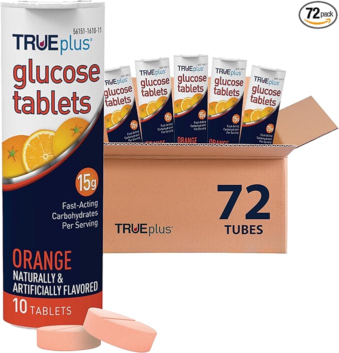 TRUEplus Glucose Tablets, Chewable, Orange Flavor, 15g Fast-Acting Carbohydrates, Fat Free, Gluten Free, Raise Low Blood Sugar and Boost Energy, 10 Count, 72 Tubes