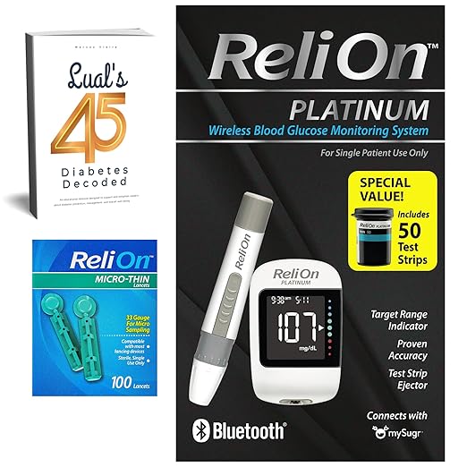 Platinum Blood Glucose Monitoring System Kit with 50 Test Strips, Bluetooth | Blood Glucose Monitor System Kit Bundle with 45 Diabetes Decoded