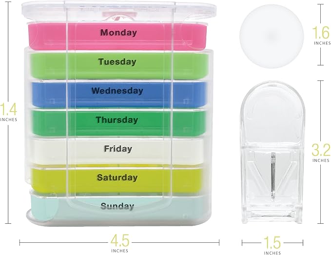 Pill Organizer Box - Weekly Case with Pill Splitter Cutter – Holder –Large Travel Medication Reminder Daily Am PM, Day Night Compartments 7 Day–Medicine Dispenser Twice, 3, 4 Times a Day