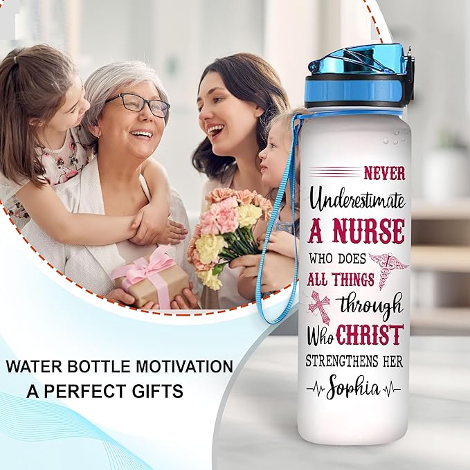 Personalized Never Underestimate A Nurse Who Does All Things Through 32oz 1Liter Motivational Water Bottle, Customized Name Water Bottle Funny Nurse, Gifts For Nurses Graduation, Gifts For Cowoker