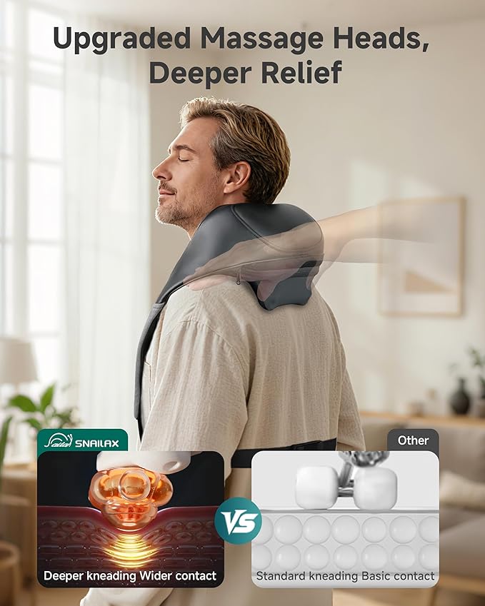 Snailax Cordless Neck Massager for Pain Relief Deep Tissue, Upgraded 4D Shiatsu Neck Shoulder Massager with Graphene Heating, Rechargeable Back Massager with Deeper Kneading Massage Heads for Home