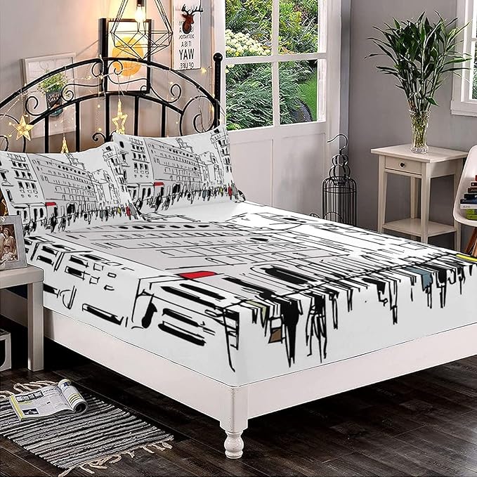 XISUNYA Decorative Bedding Sheet Set Cal-King Size, Urban Deep Pockets Fitted Sheet & 2 Pillow Sham Set, Pedestrians on Busy Street with Buildings Modern Cityscape Print Microfiber 3pc Bed Sheets Set