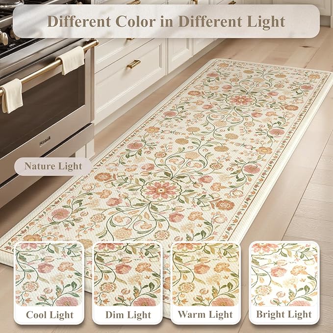 KIMODE Cushioned Kitchen Floor Mats Cushioned Anti Fatigue,Farmhouse Boho Floral Kitchen Runner Rug 2 Piece,Long Memory Foam Standing Carpet for Laundry Sink Office,Beige