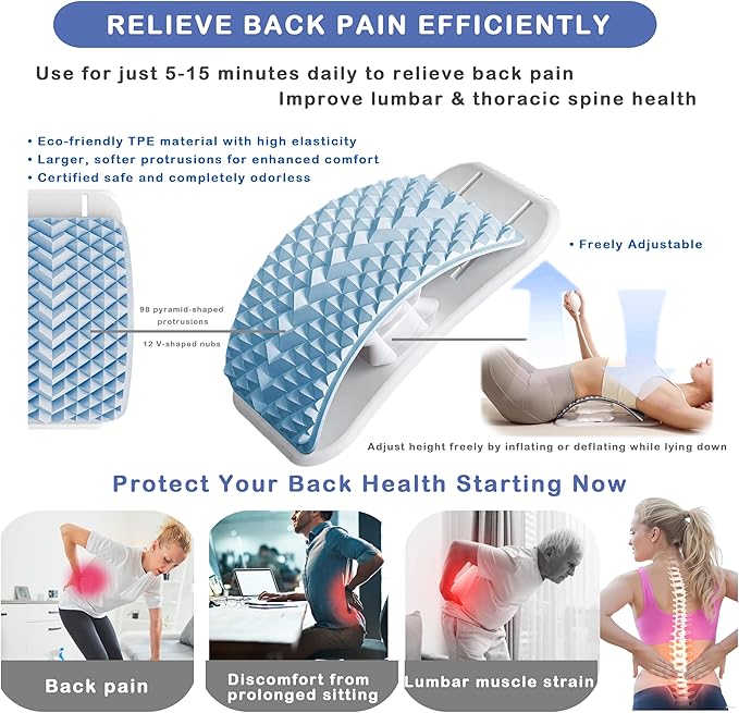 Pneumatic Back Stretcher For Lower Back Pain Relief - Stepless Air-Adjustable Lumbar Support Board With Extra-Wide Panel & Spinal Decompression Muscle Relaxation Spine Stretcher Back Cracker(Blue)