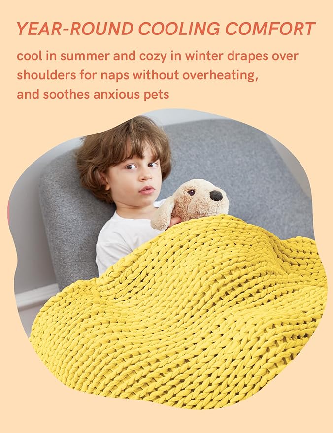 YnM Cooling Weighted Blanket, 100% Cotton Handmade Chunky Knitted Blanket, Weighted Lap, Breathable Heavy Blankets, Machine Washable Throw for Sleep or Home Decor (Yellow Lemon, 50x60 Inch, 10lbs)