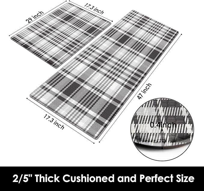 Arttown Black and White Anti-Fatigue Kitchen Rug Set of 2 Plaid Cushioned Floor Standing Mat Waterproof Non-Slip Mat and PVC Ergonomic Comfort Foam Rug