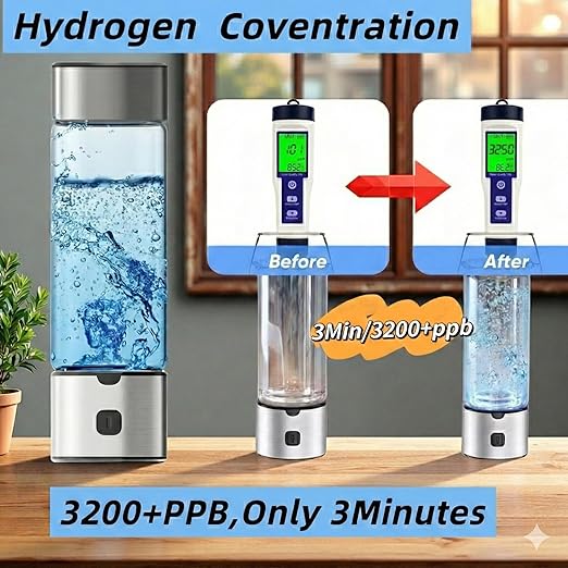 Hydrogen Water Bottle Generator – 460ml Portable Rechargeable Ionizer Machine with Advanced SPE PEM Technology, Up to 3200+ PPB High Concentration for Home, Office & Travel