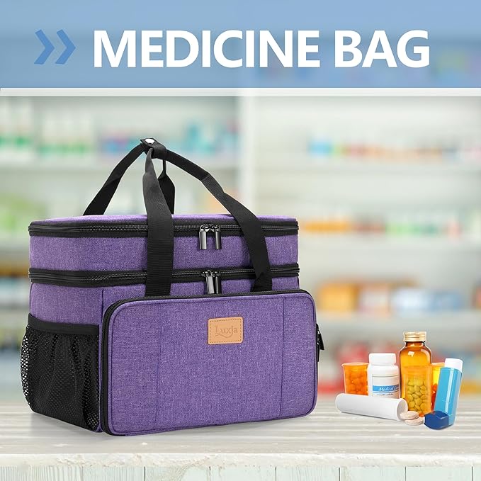 LUXJA 2 Layers Medicine Bag with Detachable Divider, Pill Bottle Organizer Suitable for Home or Travel Use, Purple