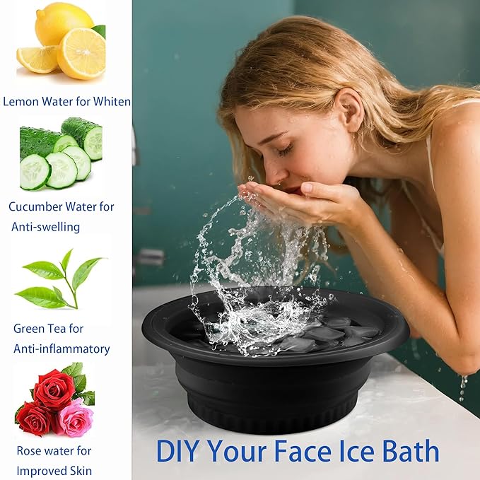 Large Bowl for Face Ice Bath, Foldable Facial Ice Bath with Built-in Icetray, Silicone Facial Ice Bath Bowl, Ice Face Bowl (Black)
