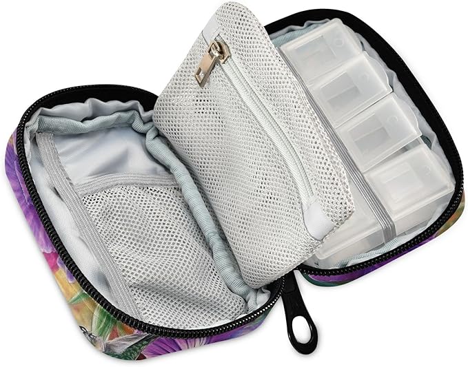 Travel Pill Case Spring Hummingbird Flower Weekly Small Pill Box 7 Day Pill Box Pill Organizer Bag