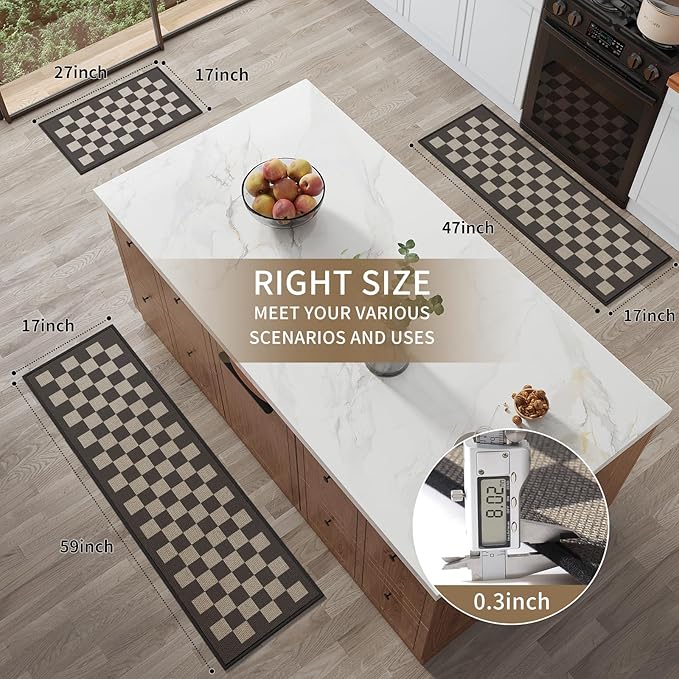 Kitchen Mats for Floor Kitchen Rugs Non Slip Washable, Super Absorbent Linen-Look Woven Kitchen Runner Rug, Sink Mat Standing Mat, Easy Clean, Black Beige Checkered 17"x47"