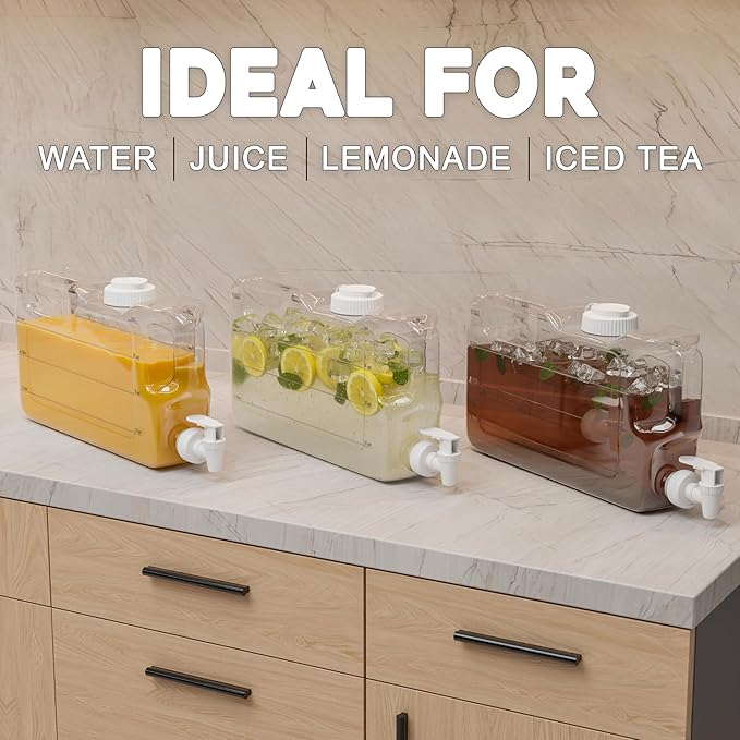 Refrigerator Water Dispenser 1.1 Gallon Bottle with 2 Spigots - BPA Free Plastic Slim Water Jug with Spout Leak Proof | Refillable Fridge Water Container, Convenient Handles (Clear)