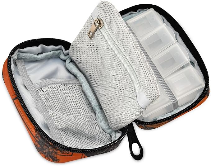 Orange Dinosaur Palm Trees Travel Pill Organizer Case Box Container Weekly Portable Vitamin Medicine Holder Storage Bag with Zipper Removable