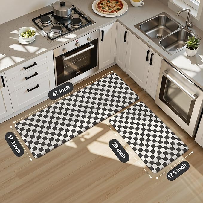 KIMODE Anti Fatigue Kitchen Mat for Floor, 17"x47"+17"x29" Checkered Kitchen Rugs Sets of 2, Kitchen Floor Mats Non-Slip, Cushioned Standing Desk mat for Sink Laundry Office Black and White
