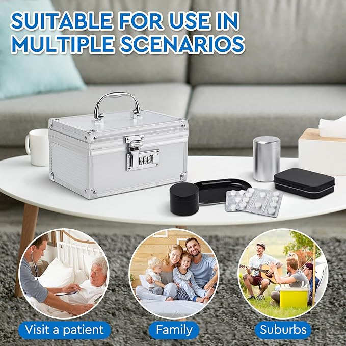 Travel Storage Safe Locking Box With 6 PCS Accessories, Durable Medicine Protect Case with Combination Lock for Home and Travel，Childproof Pill Box Organizer for Valuables, Silver