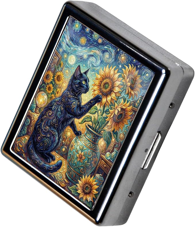 Metal 7 Day Pill Organizer, Weekly Pill Case with 8 Compartments, Travel Pill Box for Purse & Pocket, Small Medicine & Vitamin Organizer with PP Dividers (Starry Sunflower Cat)