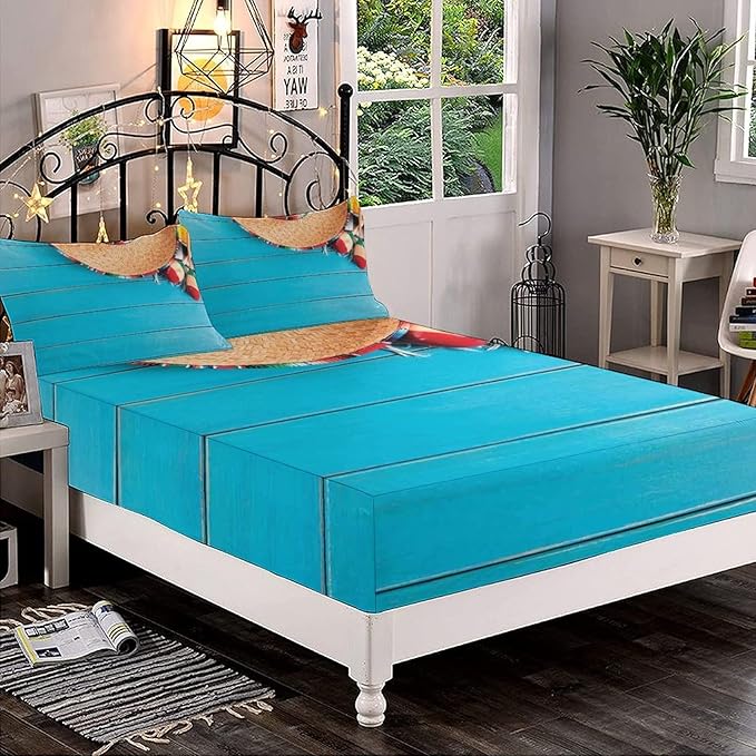Decorative Bedding Sheet Set Cal-King Size, Mexican Deep Pockets Fitted Sheet & 2 Pillow Sham Set, Sombrero and Maracas on Wood Background Print Microfiber 3pc Bed Sheets Set, for Women & Men Bedding
