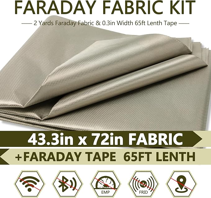 Faraday Fabric,Faraday Cloth 43.3"x72" Material Protection Nickel Copper Fabric Kit with Faraday Conductive Tape for DIY Faraday Cage,Box,Clothes,Curtains