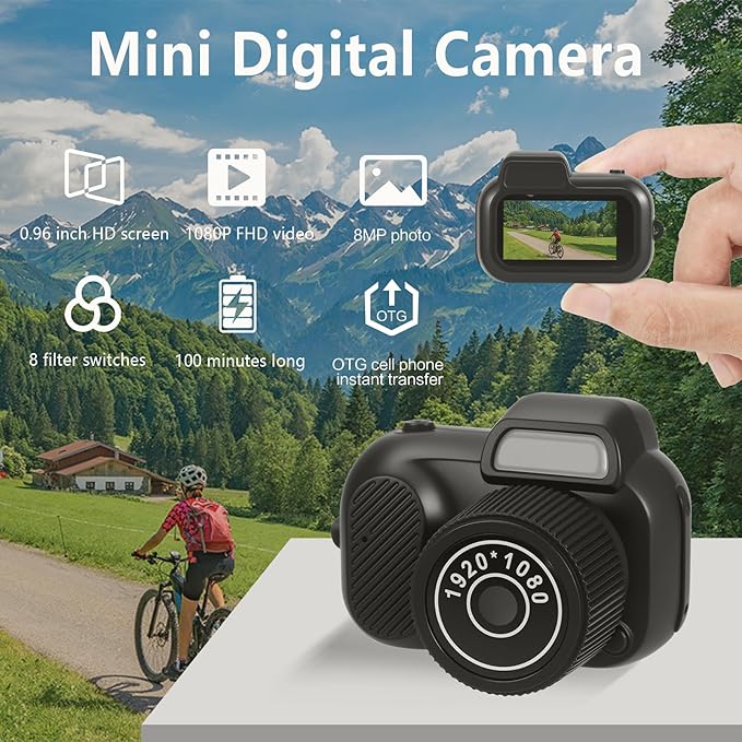 Mini Keychain Camera, FHD 1080p 8MP Cute Mini Digital Camera with 32GB SD Card, 8 Creative Filters, 0.96" HD Display, 100 Mins Battery Life for Decorate Travel Recording Gifts (Retro, Black)