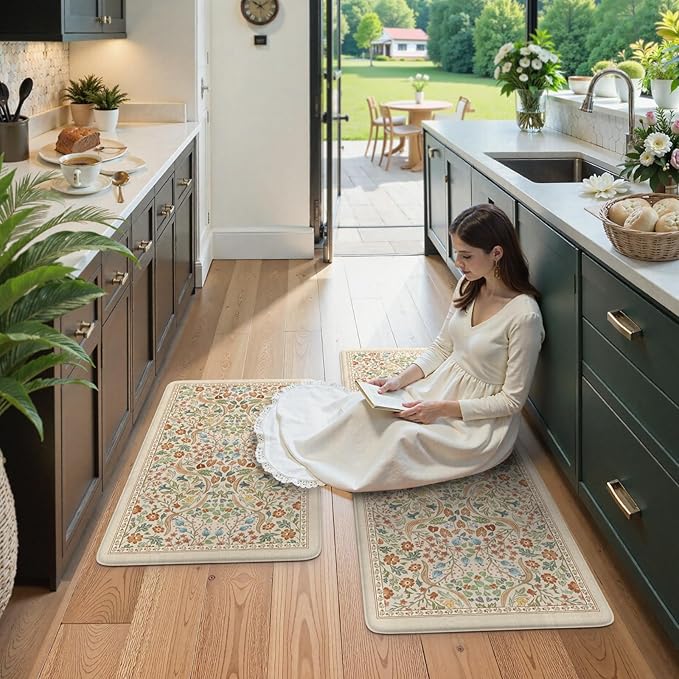 Collive Anti Fatigue Mats for Kitchen Floor, Waterproof Non Skid Kitchen Rugs Sets of 2 Beige Vintage Floral Rug, Foam Comfort Standing Mat for Office, Sink, Laundry