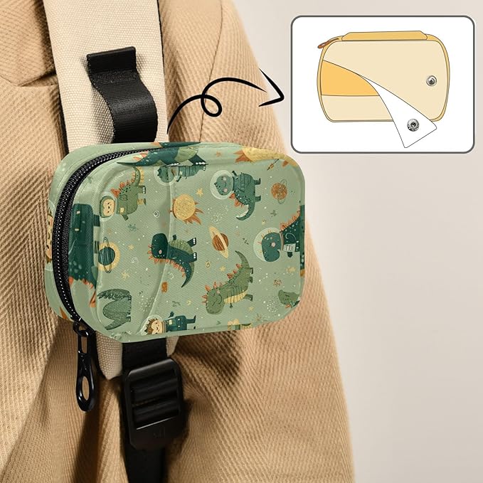 Green Cute Space Dinosaurs Travel Pill Organizer Case Box Container Weekly Portable Vitamin Medicine Holder Storage Bag with Zipper Removable