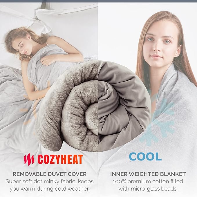 Degrees of Comfort Weighted Blanket 25 Pounds Queen Size for Adults with Removable Cover, Heavy Blanket Washable Cozy Heat Warm Minky Plush Cover Included, Micro Glass Beads, 60x80 Queen Size, Grey