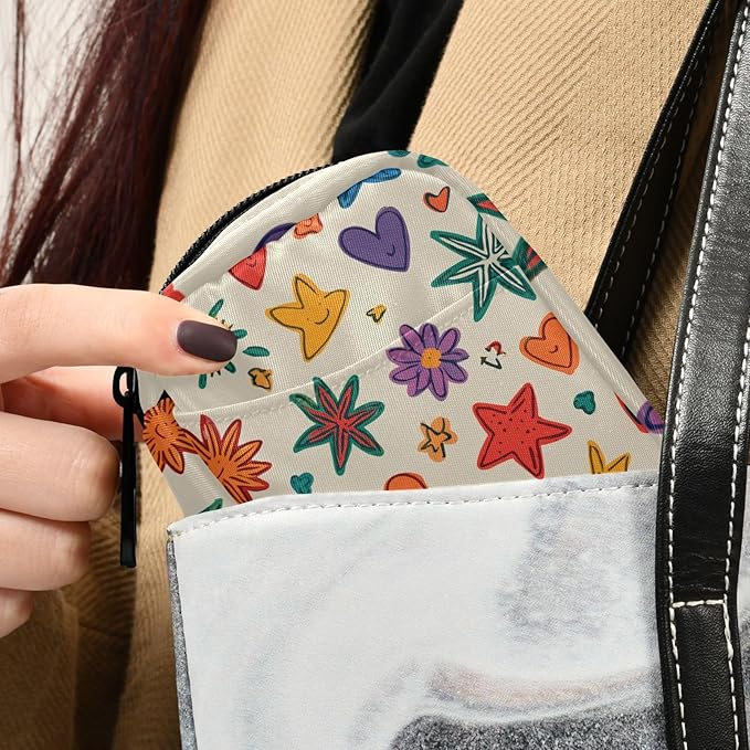 Beige Doodle Star Heart Rainbow Travel Pill Organizer Case Box Container Weekly Portable Vitamin Medicine Holder Storage Bag with Zipper Removable