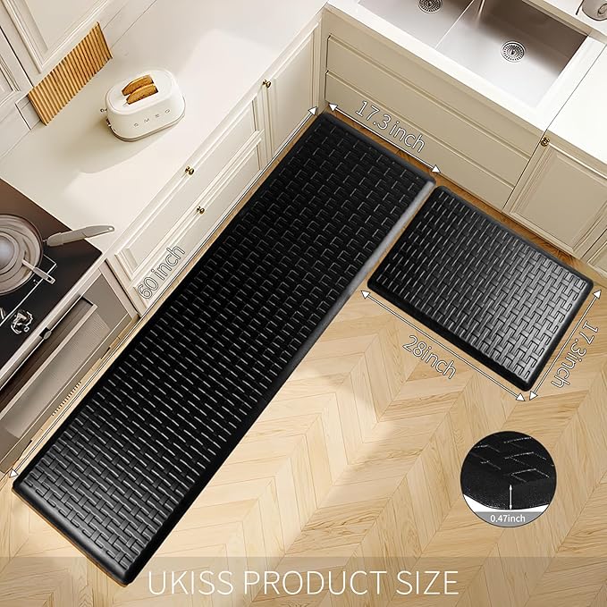 2PCS UKISS Kitchen Rugs, Cushioned Anti Fatigue Kitchen Mats for Floor, Waterproof Kitchen Rug，Non-Slip Comfort Standing Mat for Kitchen (Black, 17.3"x28"+17.3"x60")