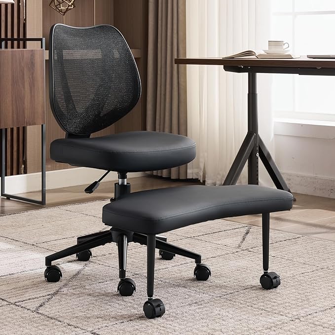 Ergonomic Cross Legged Office Chair with Lumbar Support & 360° Swivel Footrest for Meditation, Yoga, Home Office Work Criss Cross Desk Chair with Wheels, Adjustable Height for ADHD Desk