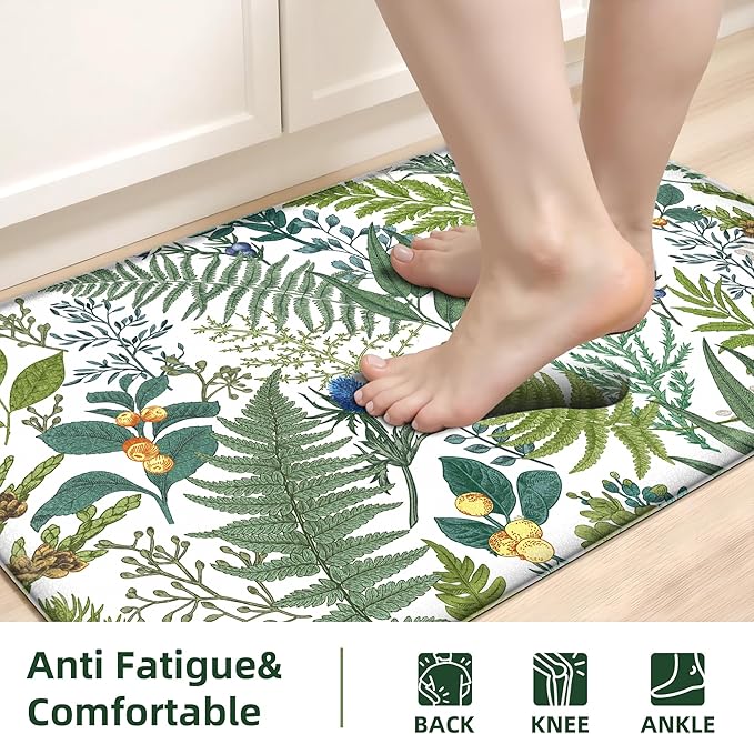 White Green Botanical Kitchen Rugs Set of 2 Plant Leaf Anti-Fatigue Kitchen Mat Natural Comfort Standing Waterproof PVC Mats 2/5" Thick Leather Carpet for Laundry Office Sink(17.3" x28" + 17.3" x 47")