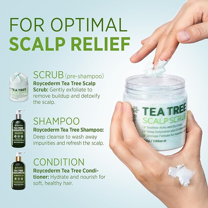Roycederm Tea Tree Scalp Scrub with Scalp Massager Brush - Deep Cleansing & Exfoliating Pre-Shampoo Treatment for Dry, Flaky Scalp – Gently Refreshes, Hydrates & Balances Scalp