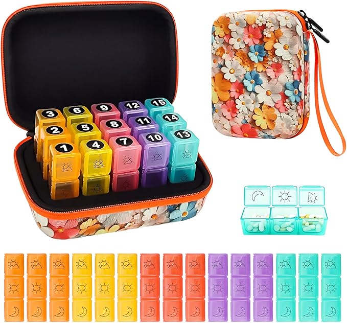 Pill Organizer, 15-Day Medicine Box with Hard Shell Case, 3 Times Daily Dosage Schedule, Plastic Rectangular Design, Includes Pill Cutter and Monthly Weekly Stickers,Flowers