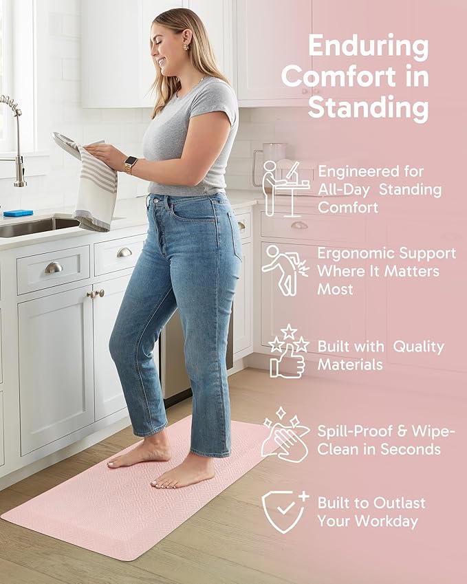 Ophanie Kitchen mats for Floor, 3/4 inch Thick, Kitchen Rugs, 20''x48'' Anti Fatigue Standing Cushioned Mat, Waterproof,Comfort Ergonomic mat for Office, Home, Sink, Pink Non-Slip Bottom