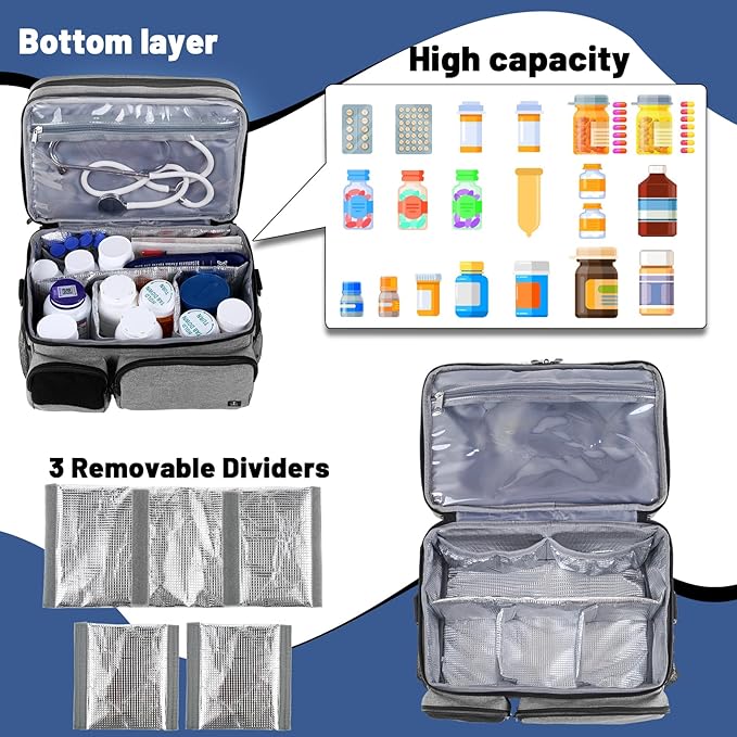 Double Layers Medicine Bag with Insulated Compartment Pill Bottle Organizer with Lockable Zipper,Travel Medicine Organizer with Soft Shoulder Straps for Pill Bottles, Medical Supplies