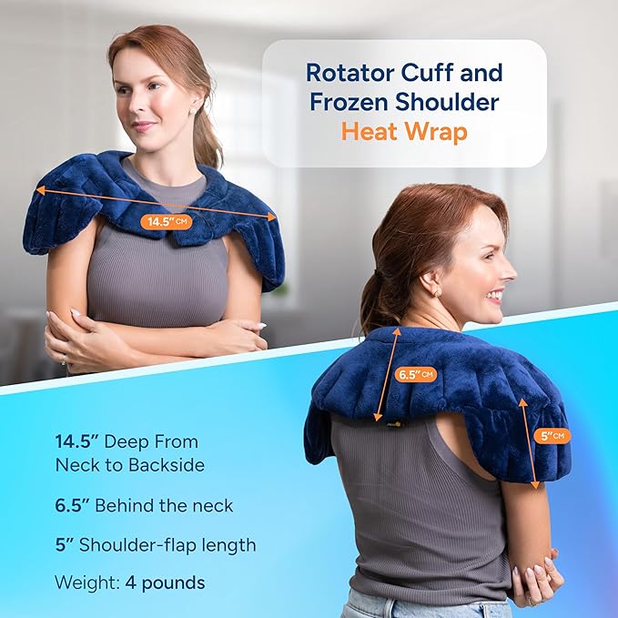 SunnyBay Heated Shoulder Wrap, Weighted Microwave Heating Pad for Neck and Shoulder Injury, Full Coverage Moist Hot Pack for Rotator Cuff Pain Relief, Elastic Fastening, Navy Blue