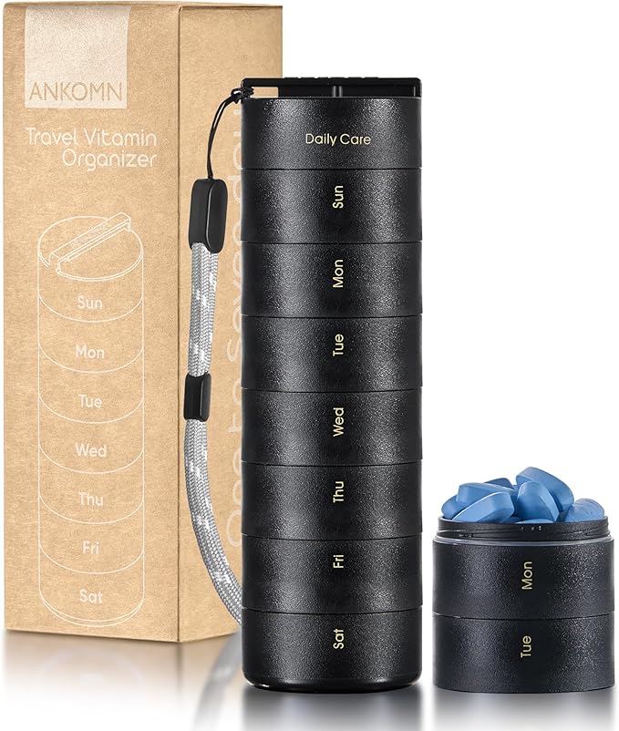 Ankomn 7 Day Travel Pill Organizer - IPX7 Rating Waterproof, Airtight & Portable Pill Case for Vitamins - Durable Weekly Supplement Case with Stackable Compartments for Outdoor Use - Black
