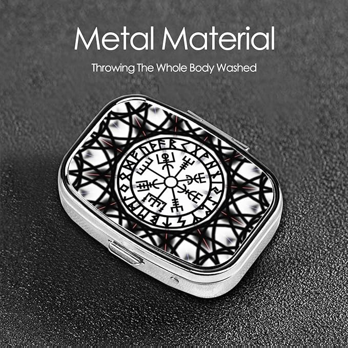 Pill Box Organizer Norse Viking Vegvisir, Portable Travel Pill Box with Mirror for Supplements, Medicine Box, Metal Pill Case for Outdoor Travel Picnic